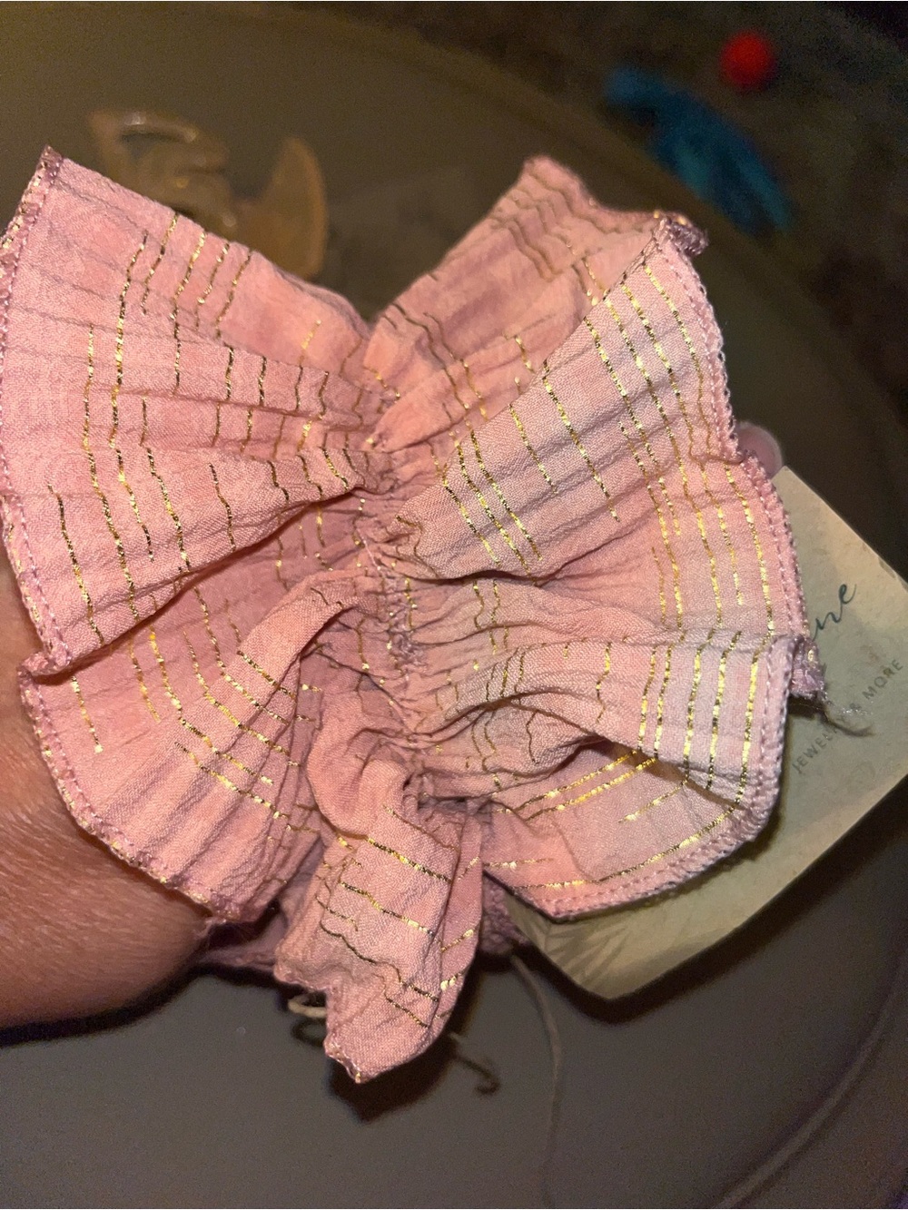 Pink Ruffled Fabric Scrunchie with Gold Threading - Picture 5 of 7